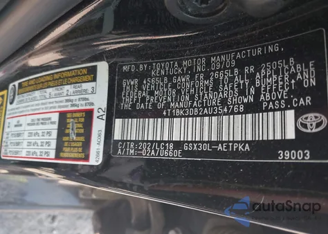 2010 Toyota Avalon Limited from USA, damaged, VIN 4T1BK3DB2AU354768